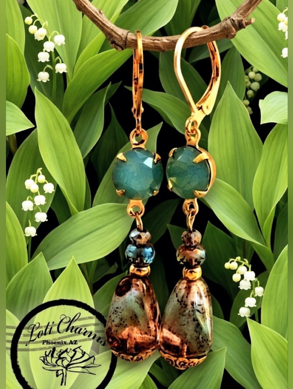 Victorian Mint Green-Blue Pacific Opal Crystal & Glass Earrings In 18K GP